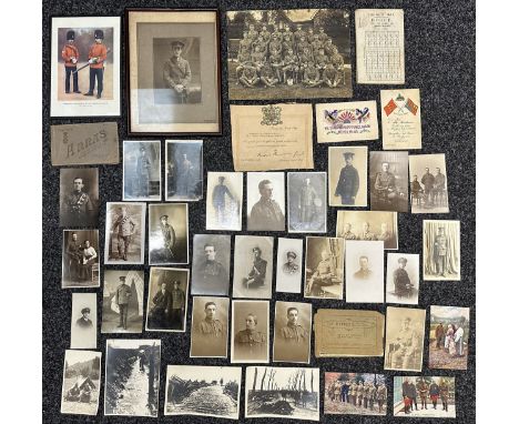 WW1 British Photographs and photo postcards. Included framed portrait photo of an Officer of the Machine Gun Corps. Typewritt