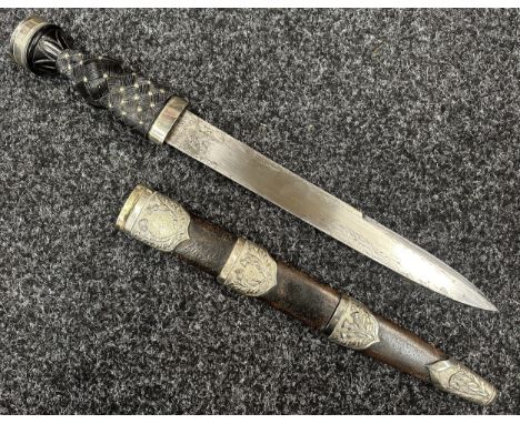 WW1 Scottish Dirk with 300mm long blade with etched makers mark "Wilkinson, Pall Mall". Additional die stamped inspection mar