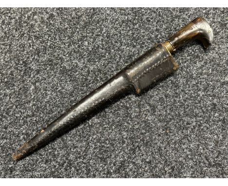Turkish Knife with 220mm long blade decorated with three brass discs. Horn grip inlaid with silver wire. Overall length 340mm