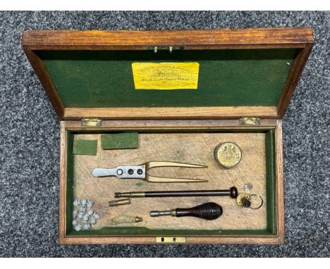 Wooden Pistol Box with Tranters Patent Bullet Mould in .30cal, Nipple Wrench, Wooden Cleaning Rod, Brass Ely Percussion Cap T