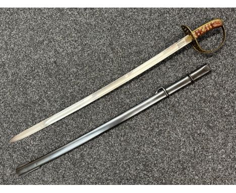 Sword with single edged fullered blade 907mm in length, marked ""HH" &amp; JS", spine of blade serial number marked "A4 No.16