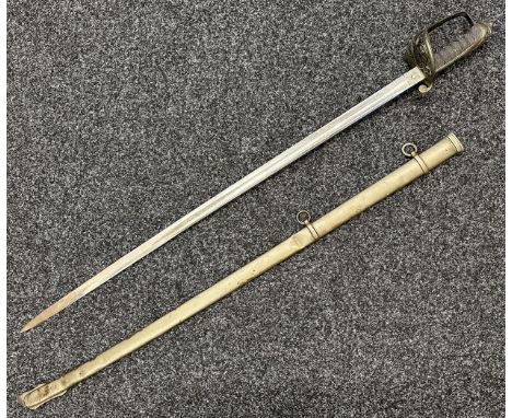 Victorian British London Scottish Rifle Volunteers Officers Sword with fullered decorated etched blade with Crown VR and Iris