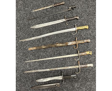 A collection of Bayonets to include French Chassepot, Modified WW1 German Butcher Bayonet, Spanish Mauser Bolo complete with 