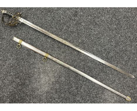 Reproduction Victorian British Officers Sword with  singled edged fullered plated and etched blade with VR and Crown, Proof m