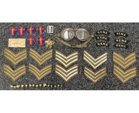 WW2 British RAF MK VIII Flying Goggles, along with British Army Sgt rank stripes x 10, REME shoulder titles x 6 some mothed, 