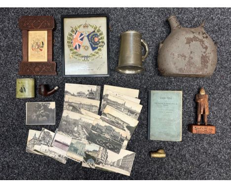 A quantity of mixed WW1 militaria to include a Tankard Commemorating Soldier KIA 1st day of the Somme, South Notts Hussars Tr