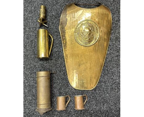 WW1 British Trench Art "Ypres" shell case spill holder mounted a tripod of German 7.92mm cartridge cases, Post War 1955 brass