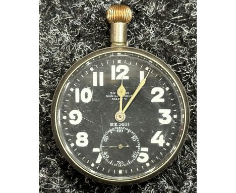 WW1 British Royal Flying Corps Doxa Pocket Watch with black enamel dial with Arabic Numerals, separate Seconds Dial. Marked "