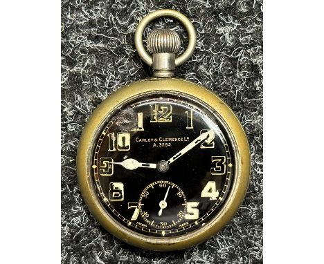 WW2 British GS MKII Pocket Watch by Carley &amp; Clemence Ltd. Black enamel dial with Arabic Numerals, separate seconds dial.