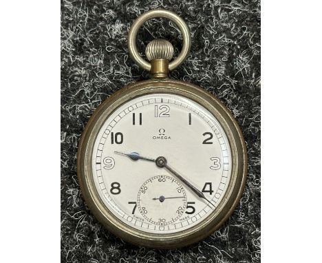 WW2 British General Service Trade pattern Pocket Watch by Omega. White dial with Arabic Numerals with separate seconds dial. 
