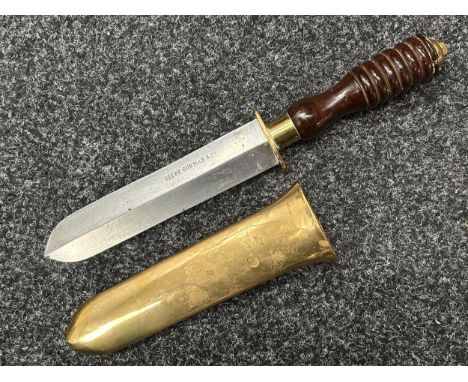 Siebe Gorman &amp; Co Scuba diving knife with double edged blade 193mm in length with makers mark. Turned wooden grip. Brass 