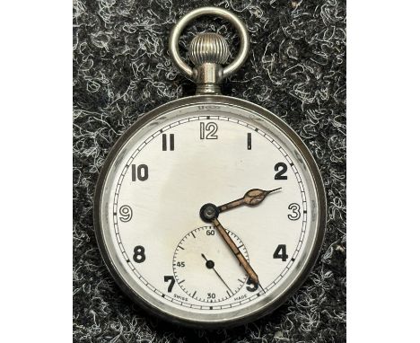 WW2 British General Service Trade pattern Pocket Watch Tissot Calibre 43. White enamel dial with Arabic Numerals. Luminous ha