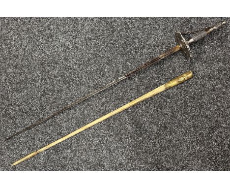 Court Sword with triangular blade with blued and gilt etched decorated panels, 740mm in length. Oval steel guard with steel g