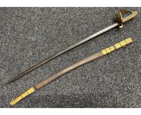 Victorian Royal Navy Officers Pipe Backed Sword with single edged blade with etched decoration and maker marked "Widdowson &a