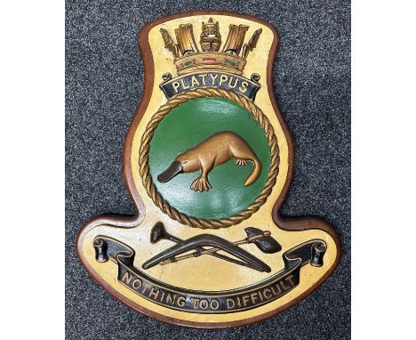 WW2 Royal Australian Navy Wooden Ship's Crest "HMAS Platypus". Large size 80cm x 67cm. Complete with mounts to reverse.https: