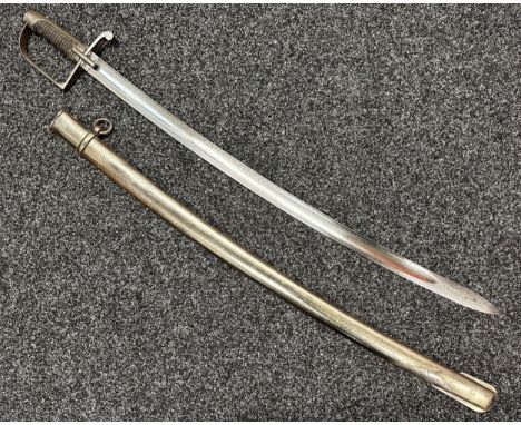 French Sabre with fullered single edged blade 824mm in length. No makers mark. Wire bound leather grip. D shaped guard impres