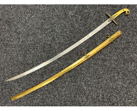Victorian General Officers Mameluke Sword with curved blade with etched decoration, proof marked, 845mm in length. Brass cros