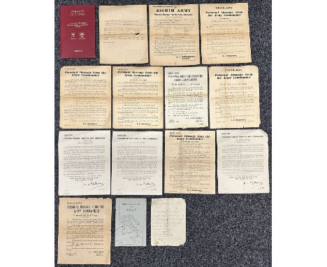 WW2 British 8th Army Paperwork group comprising of 12 Personal Messages sent by Monty to be read out to the troops, plus book