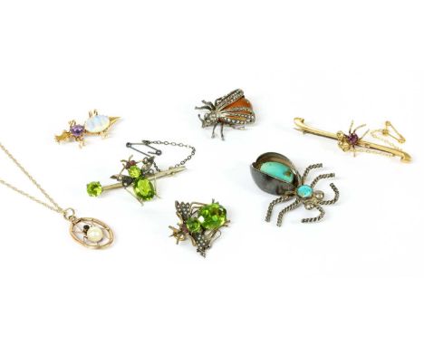 A collection of insect jewellery, to include a gold opal and purple sapphire beetle brooch, tested as approximately 18ct gold