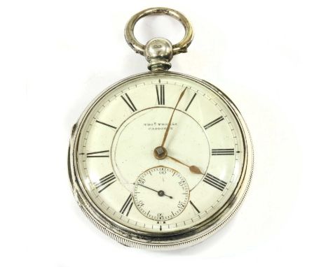 A Victorian sterling silver fusee lever open-faced pocket watch, 53mm diameter with a white enamel dial, black Roman numerals