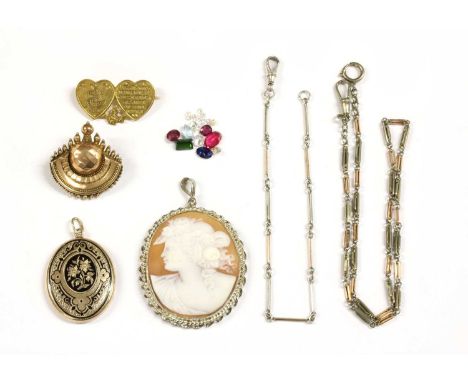 A quantity of jewellery, to include an Albert chain with alternating silver and rose gold bar links, to swivel clasp, tested 