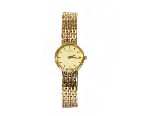 A ladies' 9ct gold Rotary bracelet watch, 22mm diameter with a cream dial, baton hour markers and sword hands, to integral br