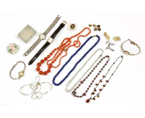 A quantity of jewellery, to include a single row uniform lapis lazuli bead necklace, with metal barrel clasp, two pairs of si