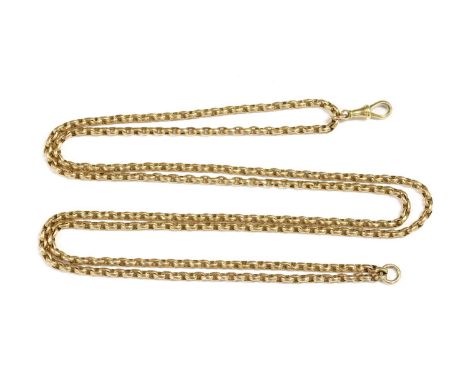 A gold oval belcher link part guard chain, tested as approximately 15ct gold with 9ct gold jump ring, 555mm long, 30.40gCondi