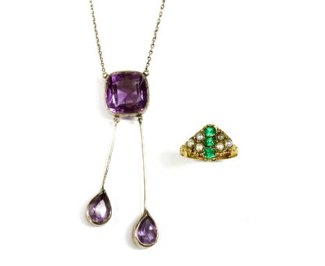 A Victorian 12ct gold paste and split pearl ring, a vertical row of cushion cut paste with a trefoil of split pearls at each 