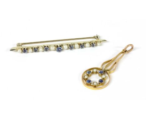 A white gold sapphire and seed pearl bar brooch, with a graduated row of circular mixed cut sapphires alternating with seed p