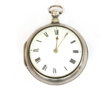 A Georgian sterling silver pair cased fusee verge pocket watch, 60mm diameter with a white enamel dial, black Roman numerals 