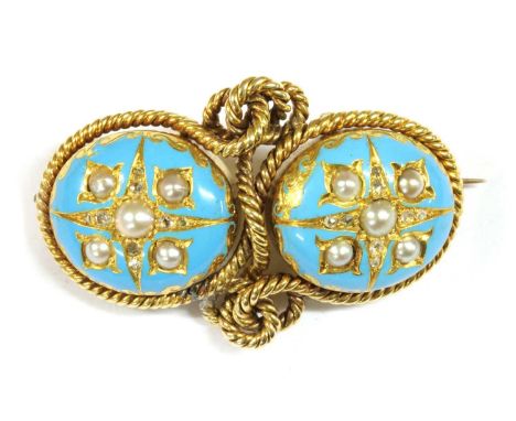 A Victorian gold split pearl, diamond and enamel brooch, two oval domed collets, each with a split pearl and rose cut diamond