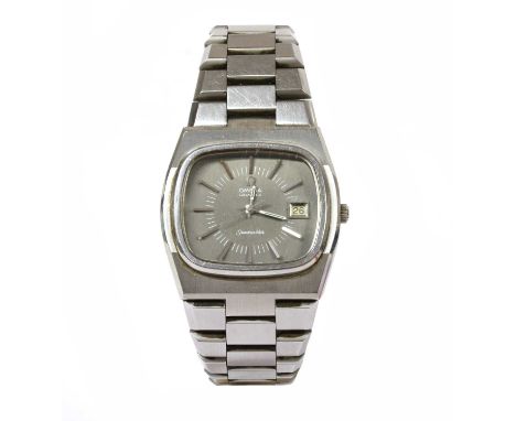 A gentlemen's stainless steel Omega 'Seamaster' quartz bracelet watch, c.1980, cushion shaped dial, 38 x 36mm, with a grey di
