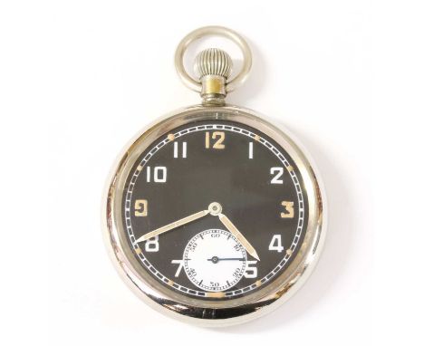 A stainless steel Record military WWII open-faced pocket watch, 52mm diameter with black dial, Arabic numerals and subsidiary
