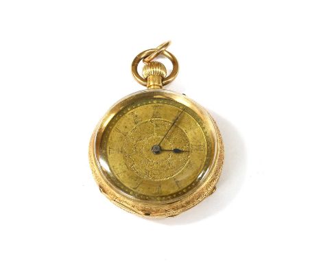 A Swiss gold pin set open-faced fob watch, 34mm diameter, with a gilt dial with engraved floral decoration to the centre, Rom