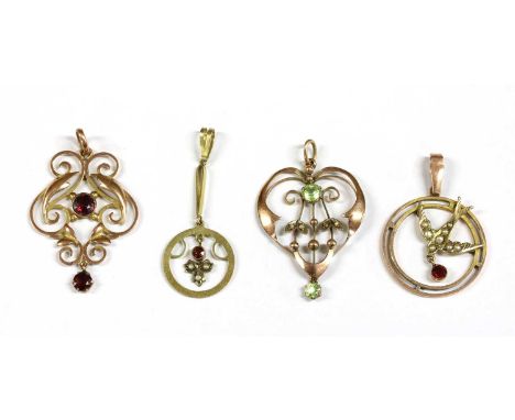 A gold paste and split pearl swallow pendant, together with a gold peridot and split pearl pendant, with whiplash frame, a go