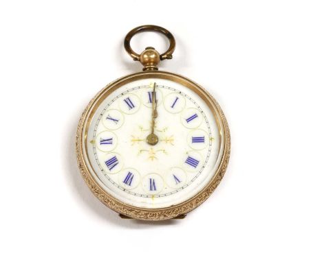 A gold key wound open-faced fob watch, 35mm diameter with white enamel dial, blue Roman numerals and gold spade hands, engrav