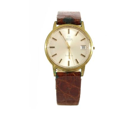 A gentlemen's gold plated Omega 'Genève' automatic strap watch, c.1970, ref. 166.0163, 35mm diameter with a silvered dial, bl