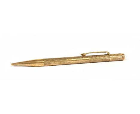 A 9ct gold propelling pencil, by Walker &amp; Hall, with engine turned decoration and cartouche with engraved initials 'J.A.A