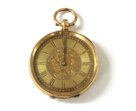 A gold key wound open-faced fob watch, 34mm diameter with gilt dial with engraved floral bouquet decoration to the centre, bl