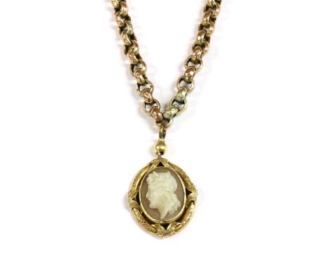 A gold mounted shell cameo pendant, tested as approximately 15ct gold, suspended from a gold faceted belcher link chain, with