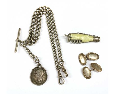 A sterling silver curb link double Albert chain, with swivel clasps, T-bar and fob, with two metal jump rings, together with 