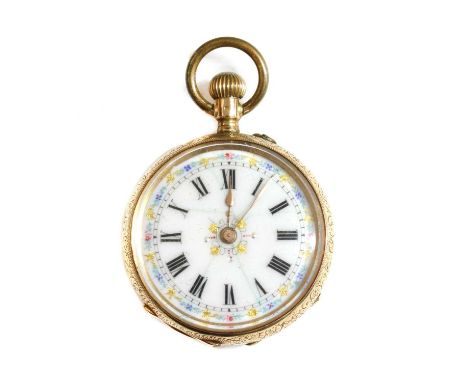 A gold pin set open-faced fob watch, 34mm diameter with a white enamel dial, black Roman numerals and polychrome and gilt flo