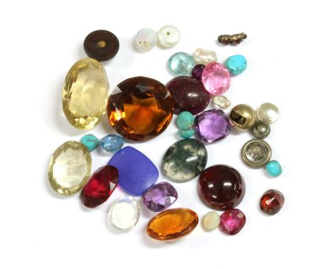 A quantity of unmounted gemstones, to include an oval mixed cut ruby, a circular mixed cut aquamarine, a circular mixed cut b