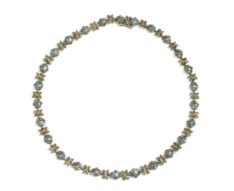 A silver paste and marcasite set necklace, flowerhead links rub set to the centre with a rose cut marcasite, to surround of o