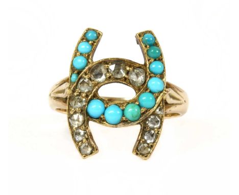 A gold diamond and turquoise horseshoe ring, interlocking horseshoe motifs, one grain set with a graduated row of rose cut di