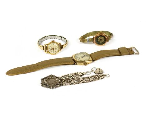 A mid-size 9ct gold mechanical strap watch, c.1940, cushion shaped case 30mm diameter, with circular dial, black Arabic numer