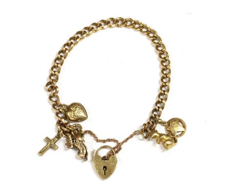 A 9ct gold charm bracelet, a 9ct gold curb link bracelet with heart shaped padlock clasp and safety chain, London 1971, suspe