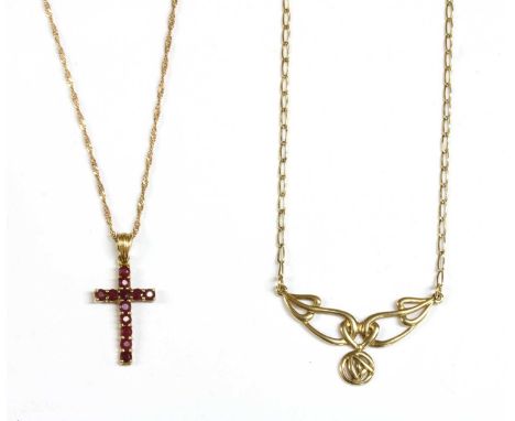 A 9ct gold ruby set Latin cross pendant, with circular mixed cut rubies, possibly fracture filled, suspended on a twisted cur