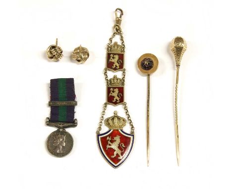 A quantity of jewellery, to include a silver gilt enamel Norwegian coat of arms fob, 121mm long, a pair of 9ct gold knot earr